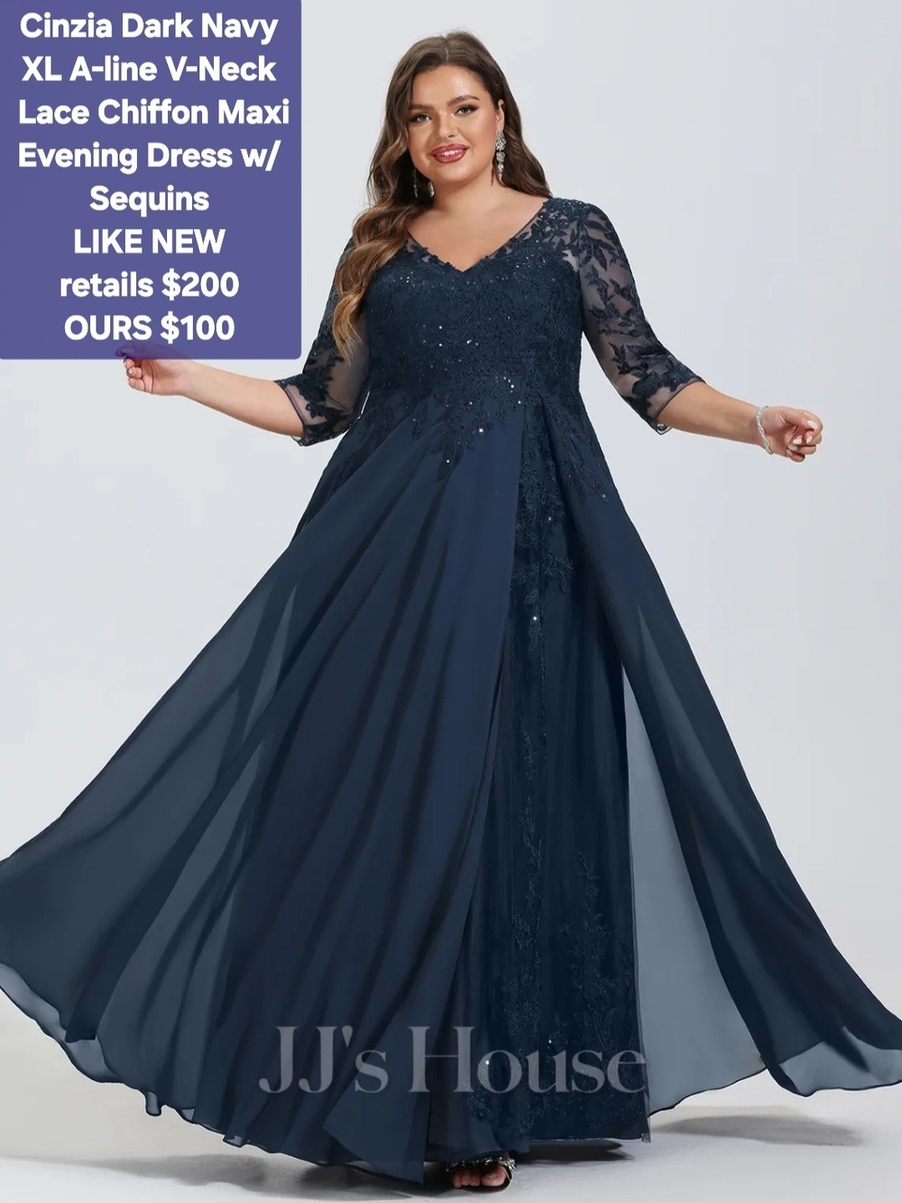 Cinzia Dark Navy XL A-line V-Neck Lace Chiffon Maxi Evening Dress w/ Sequins
